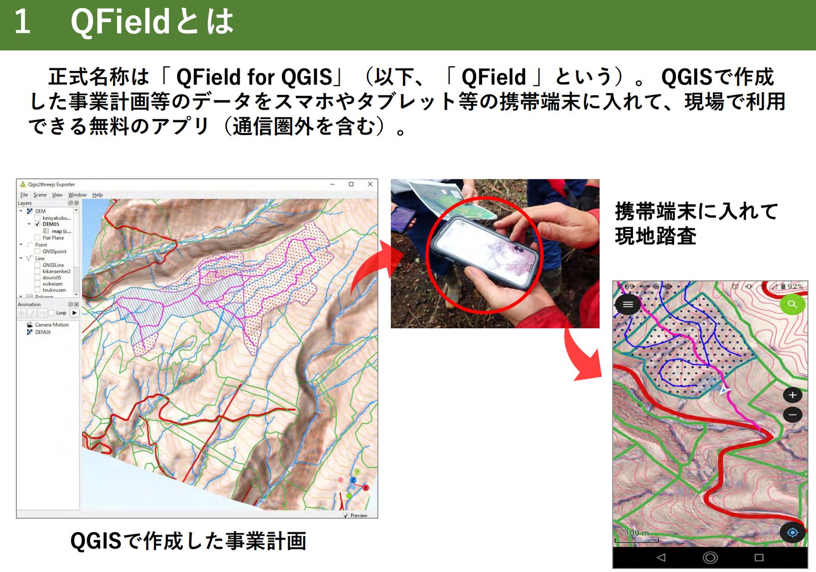 An image of QField in use in the field (source: Forestry Agency, “QField Operation Guide for Production and Silviculture Projects”)