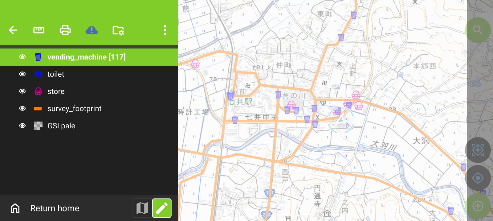 The map and layers panel in the QField app (created by processing GSI Tiles from the Geospatial Information Authority of Japan (GSI))