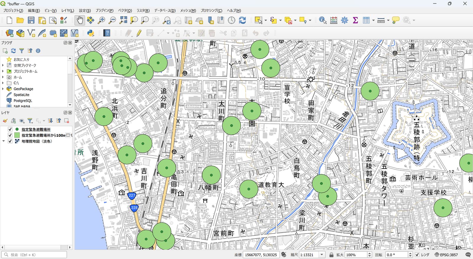 100 m buffers created around designated emergency evacuation sites