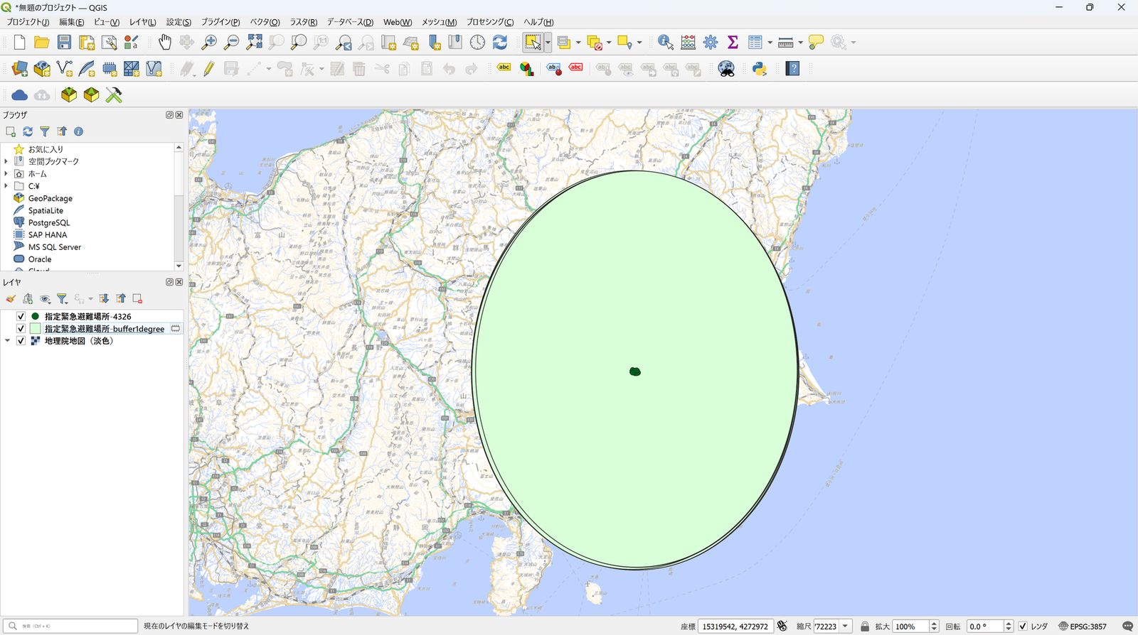 Instead of the intended 1 km buffer, a buffer of 1 degree of latitude and longitude was created