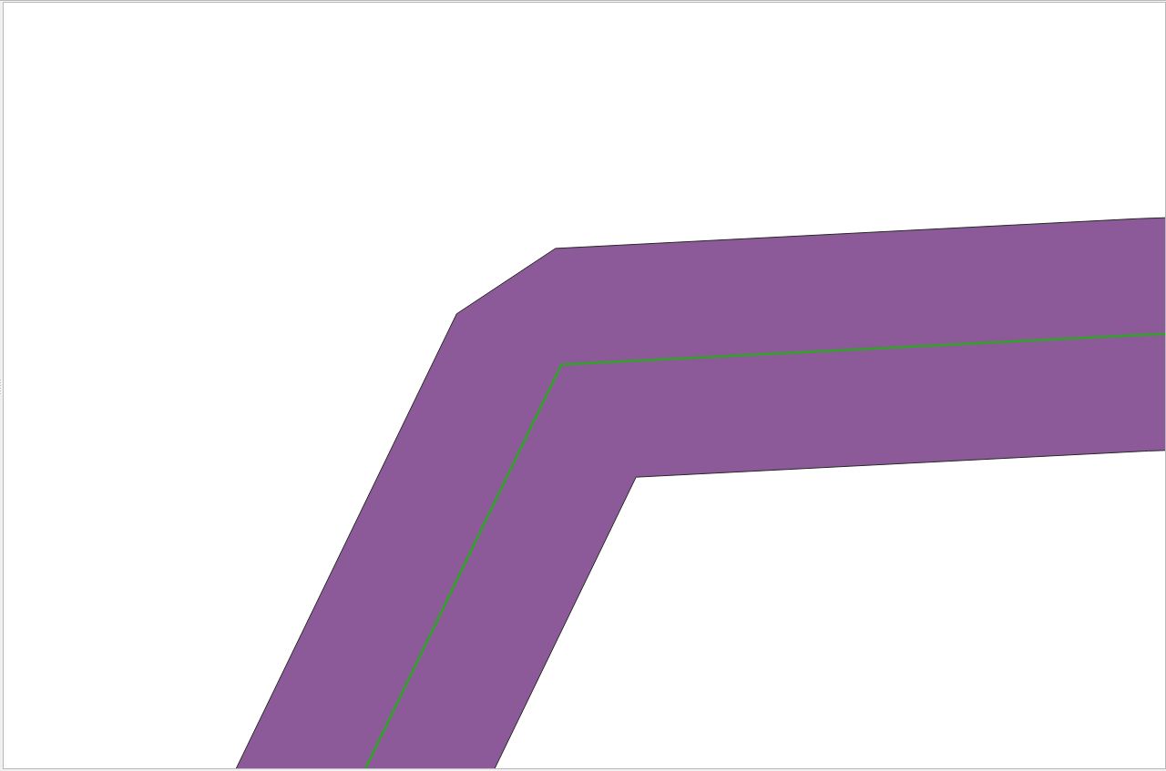 Example with Bevel selected. The outside of the line bends in two steps, and the inside bends parallel to the line (buffer in purple, original line in green)