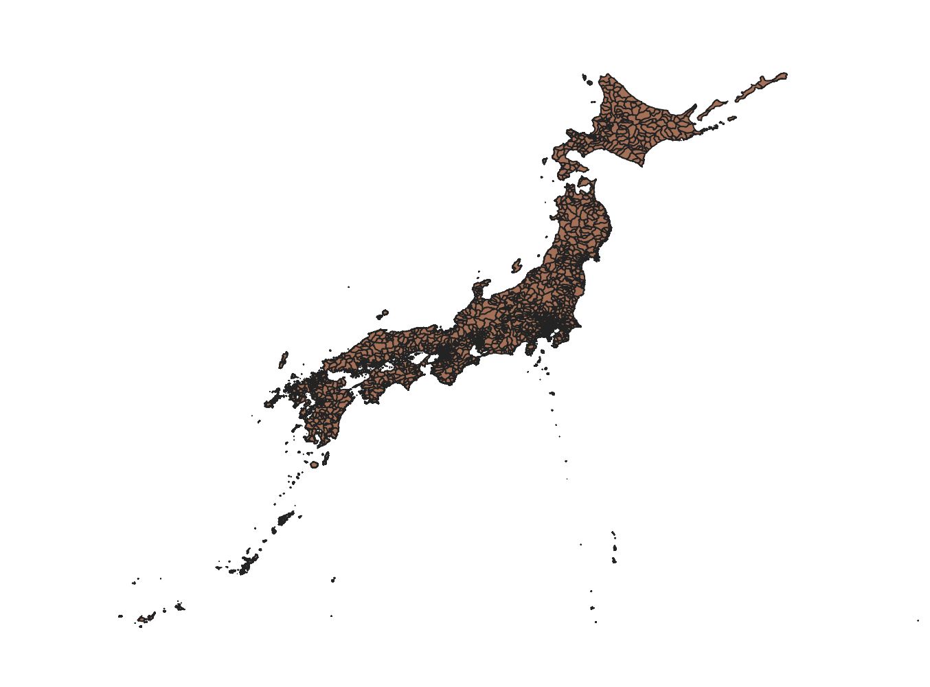 The map shows the Japanese archipelago stretched horizontally. Created by processing “National Land Numerical Information (Administrative Area Data)” (Ministry of Land, Infrastructure, Transport and Tourism)