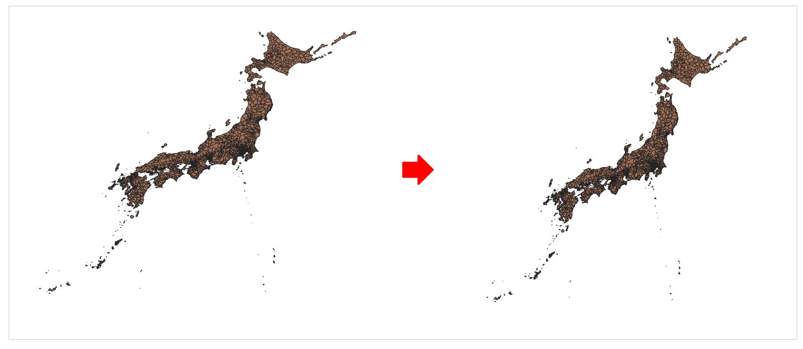 Displaying the map in the familiar shape. Created by processing “National Land Numerical Information (Administrative Area Data)” (Ministry of Land, Infrastructure, Transport and Tourism)