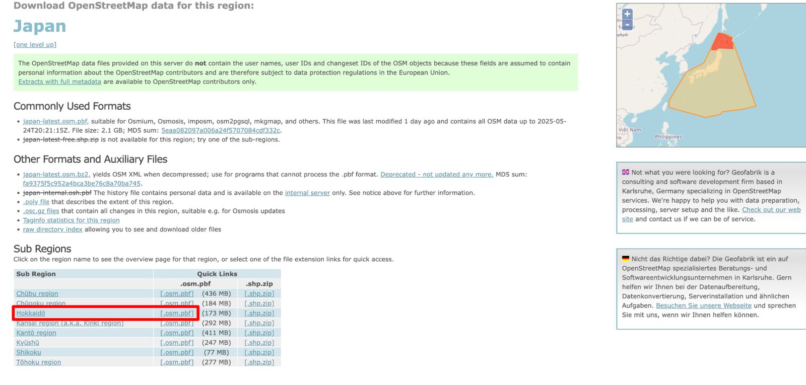 「Sub Regions」の表からHokkaidoの行を探し、[.osm.pbf]をクリックする