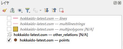 pointsとmultipolygonsレイヤのみ表示するように設定したレイヤパネル