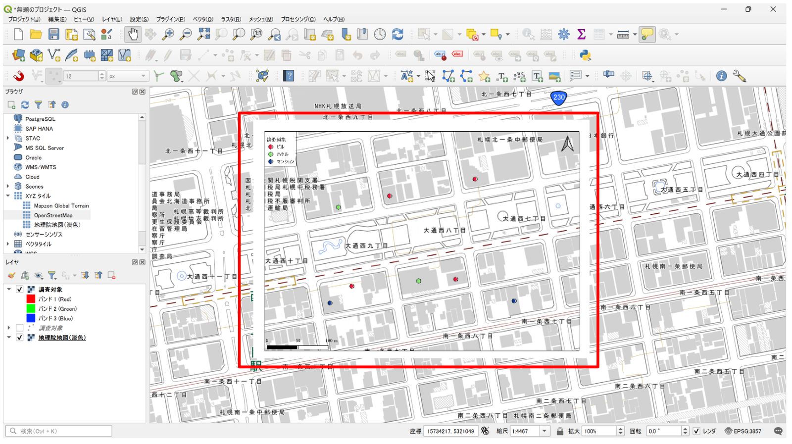 他のレイヤと重なって、GeoPDFが表示されている(地理院タイルを背景にして作成)