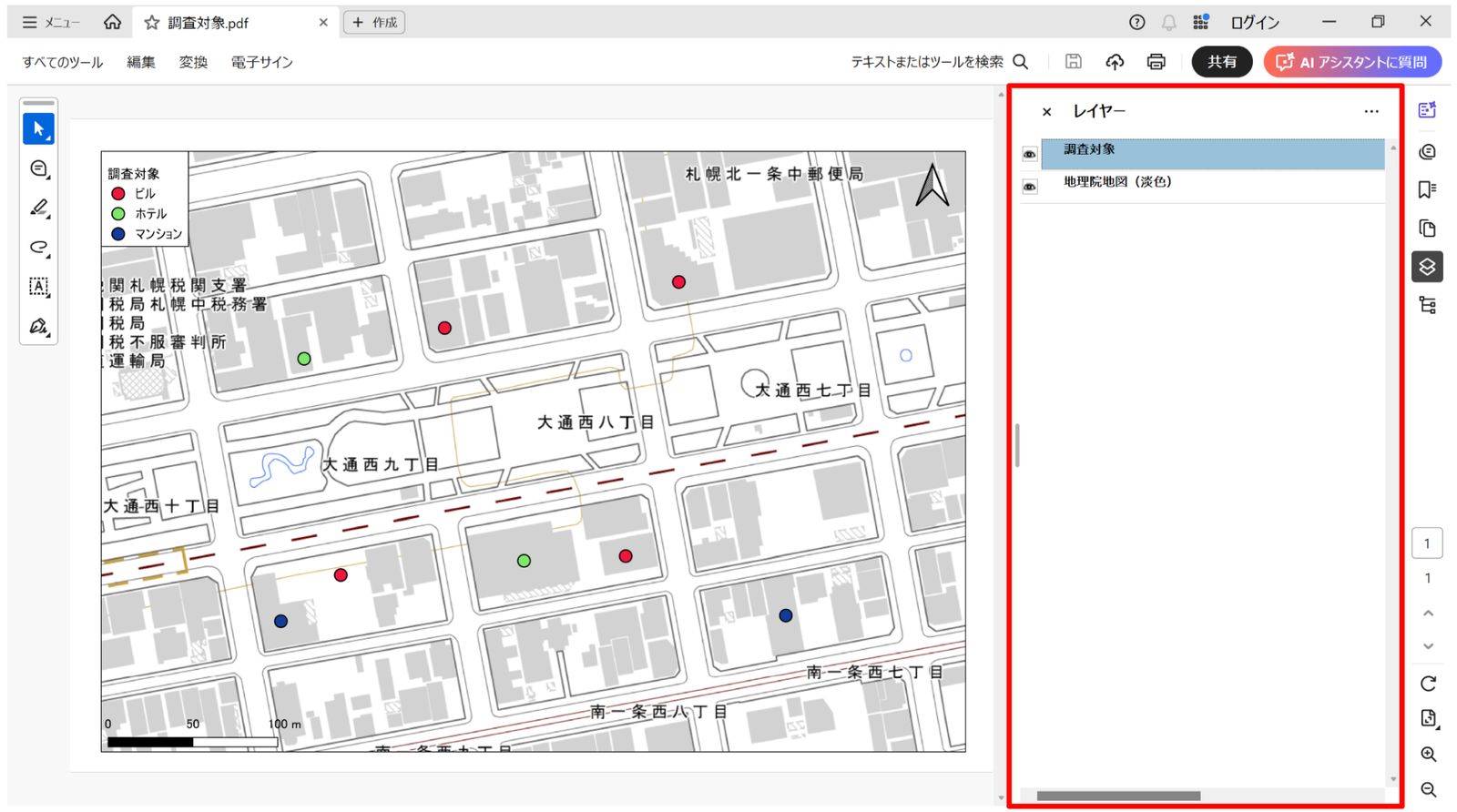 レイヤーパネルが表示される(地理院タイルを背景にして作成)