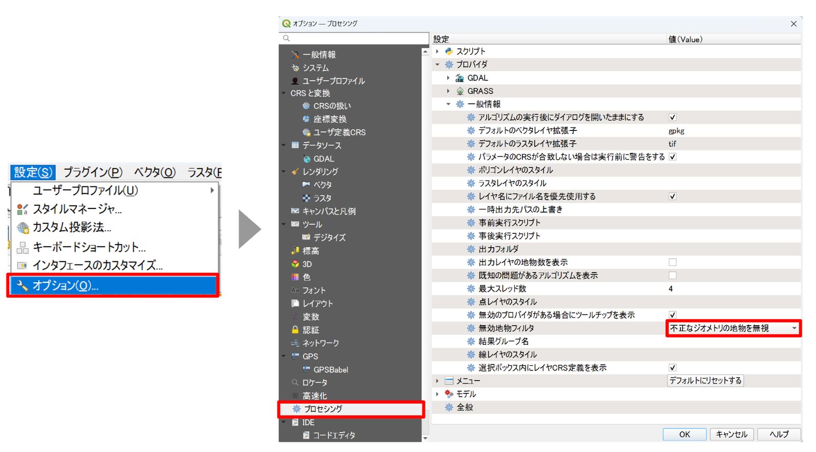 Steps for ignoring features with invalid geometries in the Options dialog