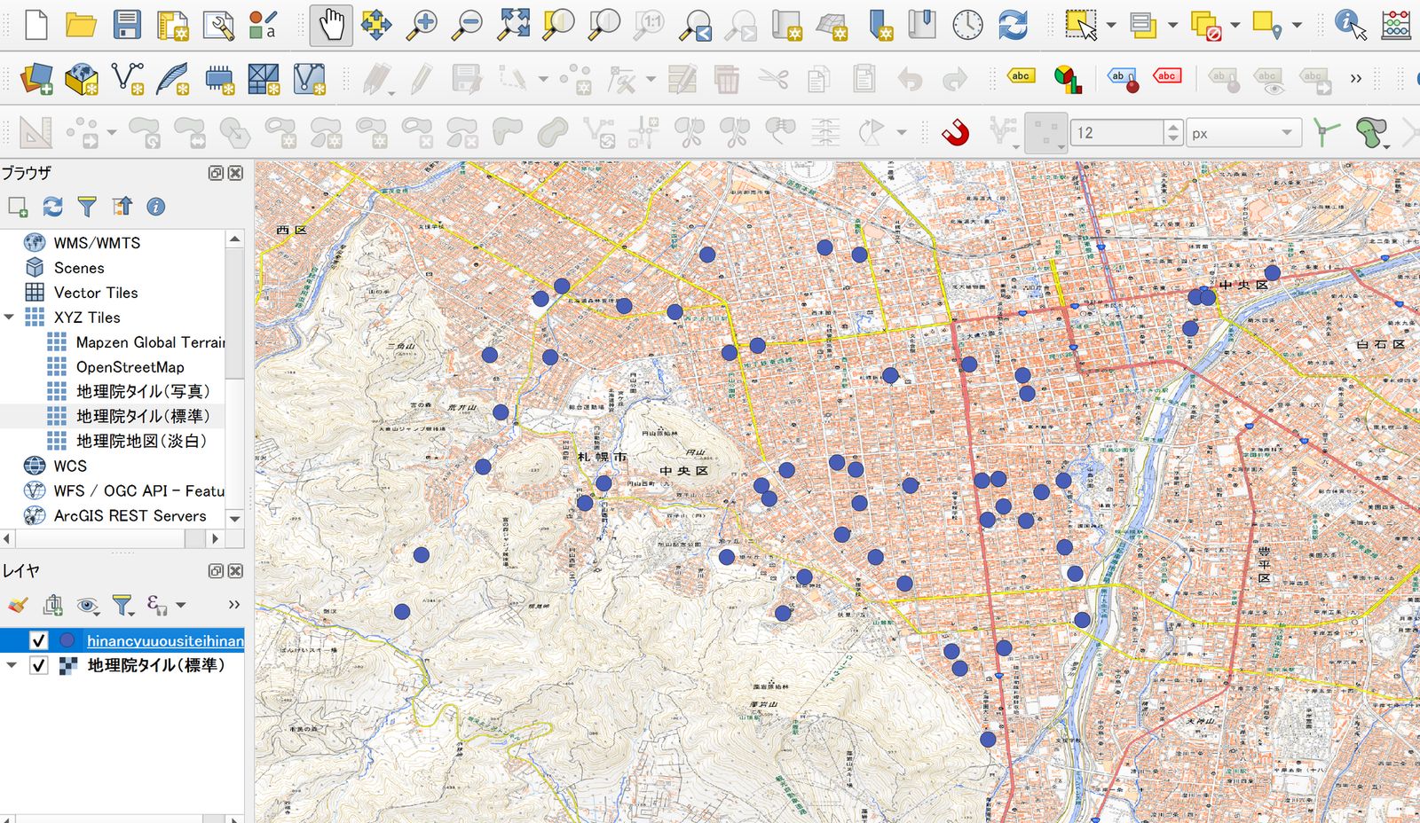 Point data plotted at the coordinate locations (created by processing List of Designated Evacuation Shelters (Chuo Ward), Sapporo City ICT Utilization Platform DATA-SMART CITY SAPPORO)