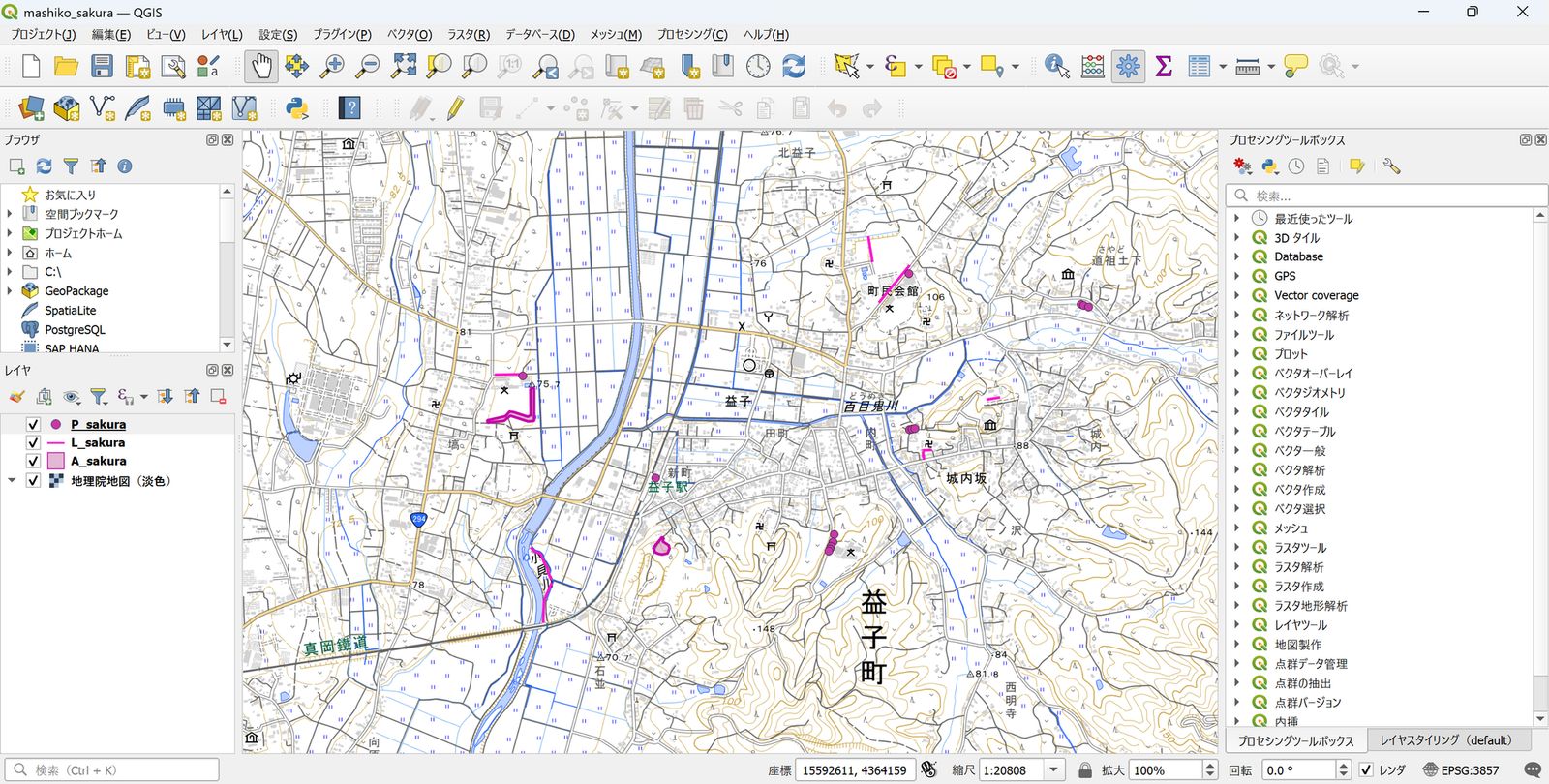 準備したQGISプロジェクト（地理院タイルを加工して作成）
