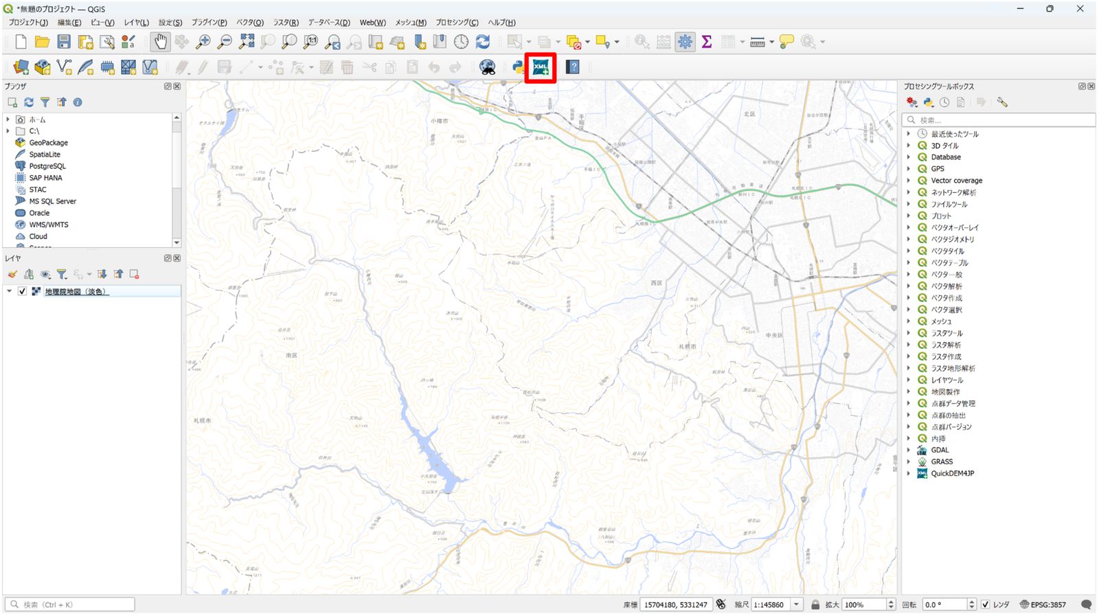 Find the QuickDEM4JP icon in the QGIS toolbar and click it (created by modifying GSI Tiles)