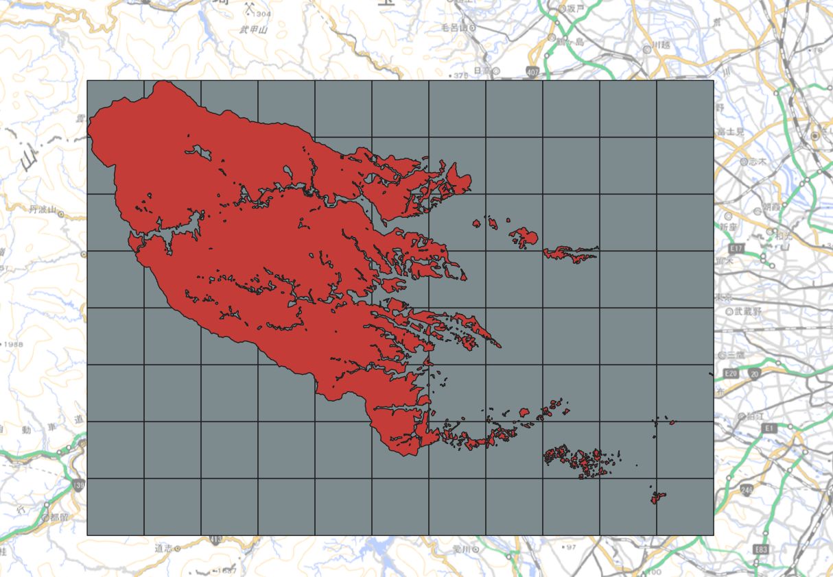 A grid that divides the survey area every 5 km, and forest area polygons