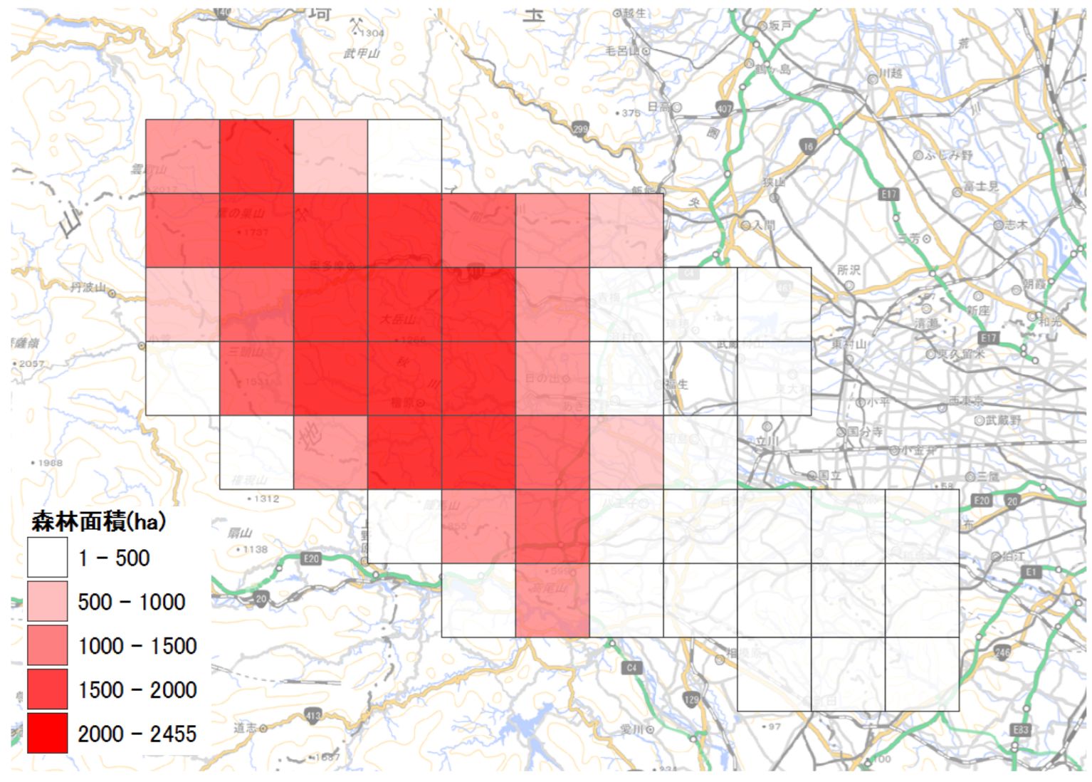 Result of totaling the forest area in each grid cell