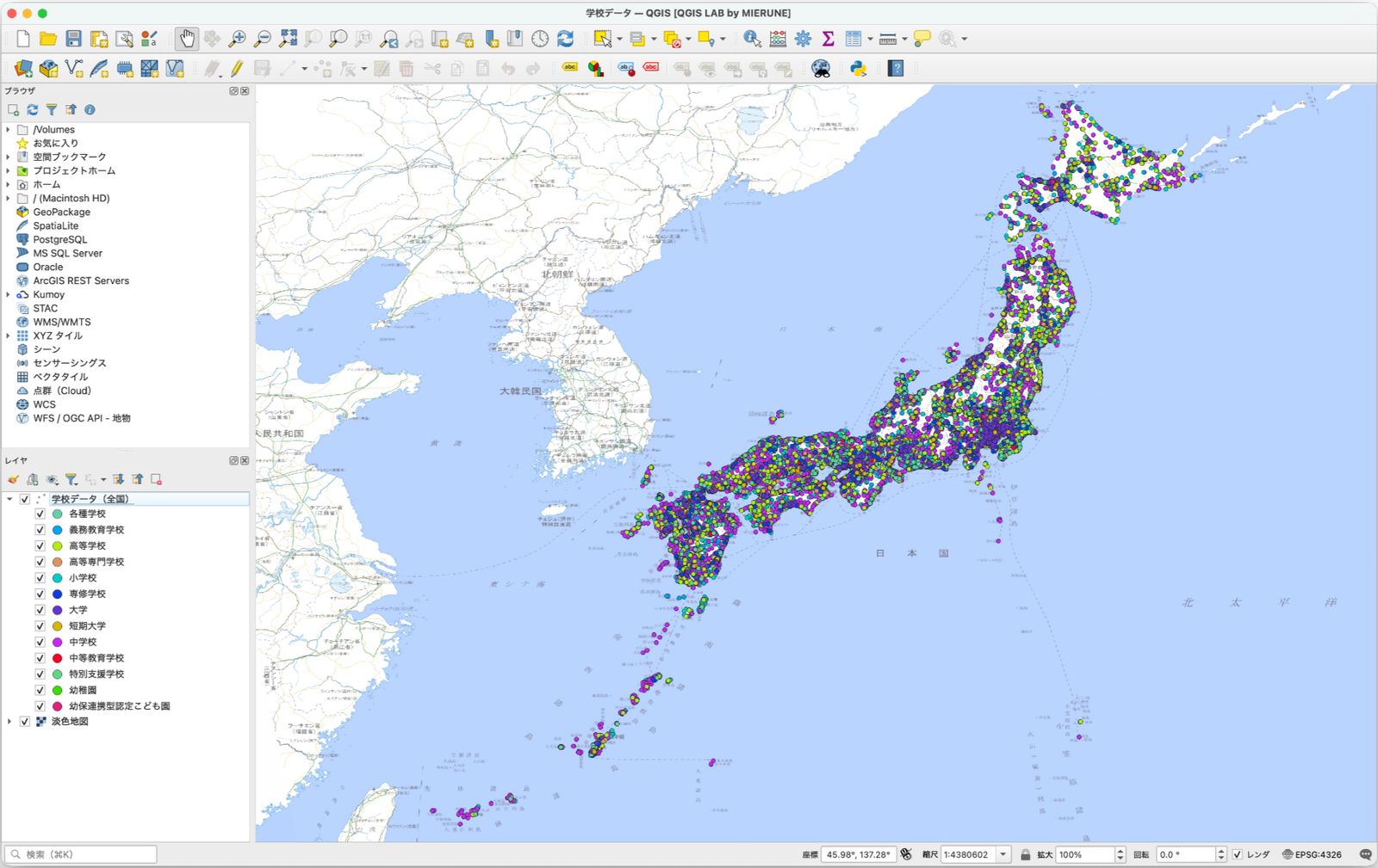 A map of the school data color-coded by classification code