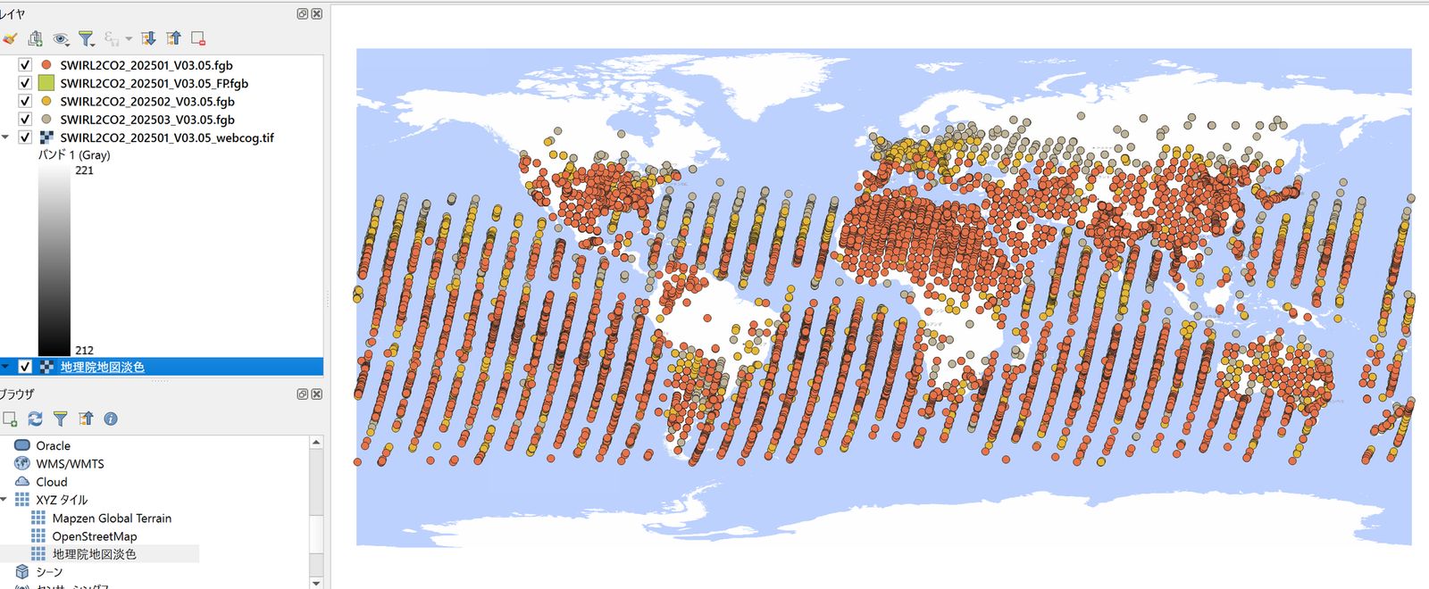 Satellite pass locations plotted on the map