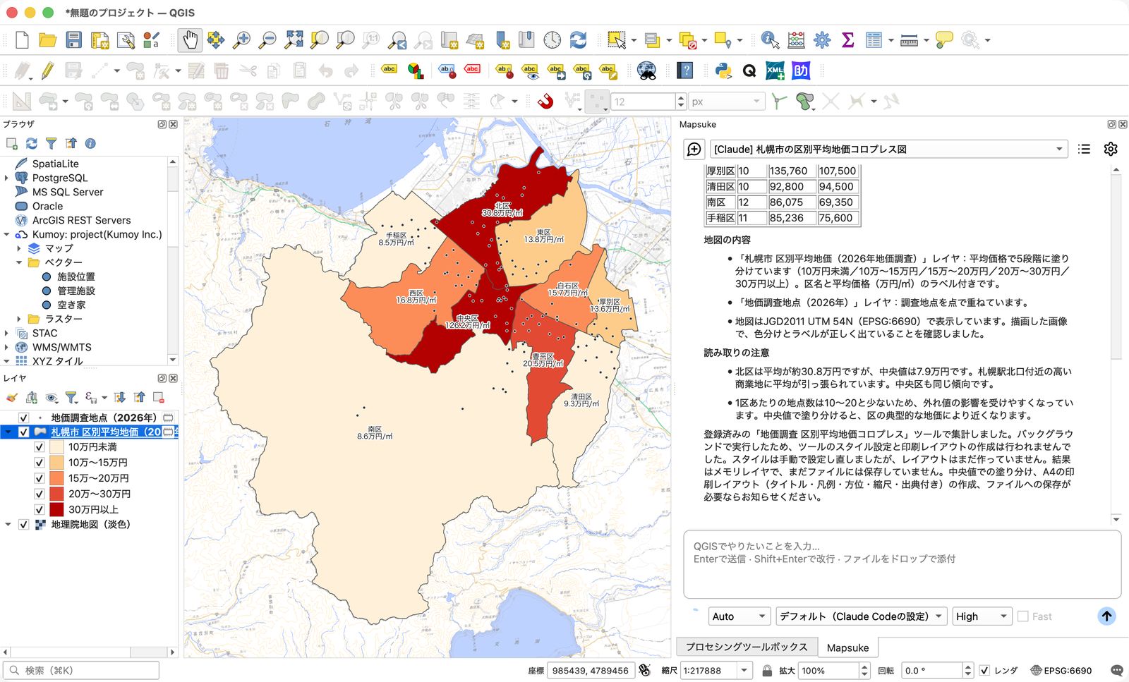 Mapsukeで札幌市の区ごとの平均地価を色分けした地図を作成する