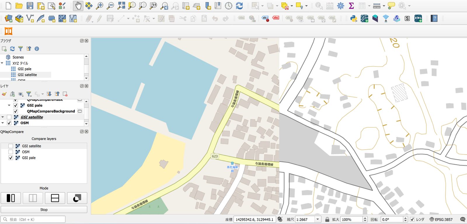 Comparing building data from OpenStreetMap and GSI Maps in split mode (©︎OpenStreetMap contributors, created by processing GSI Tiles)