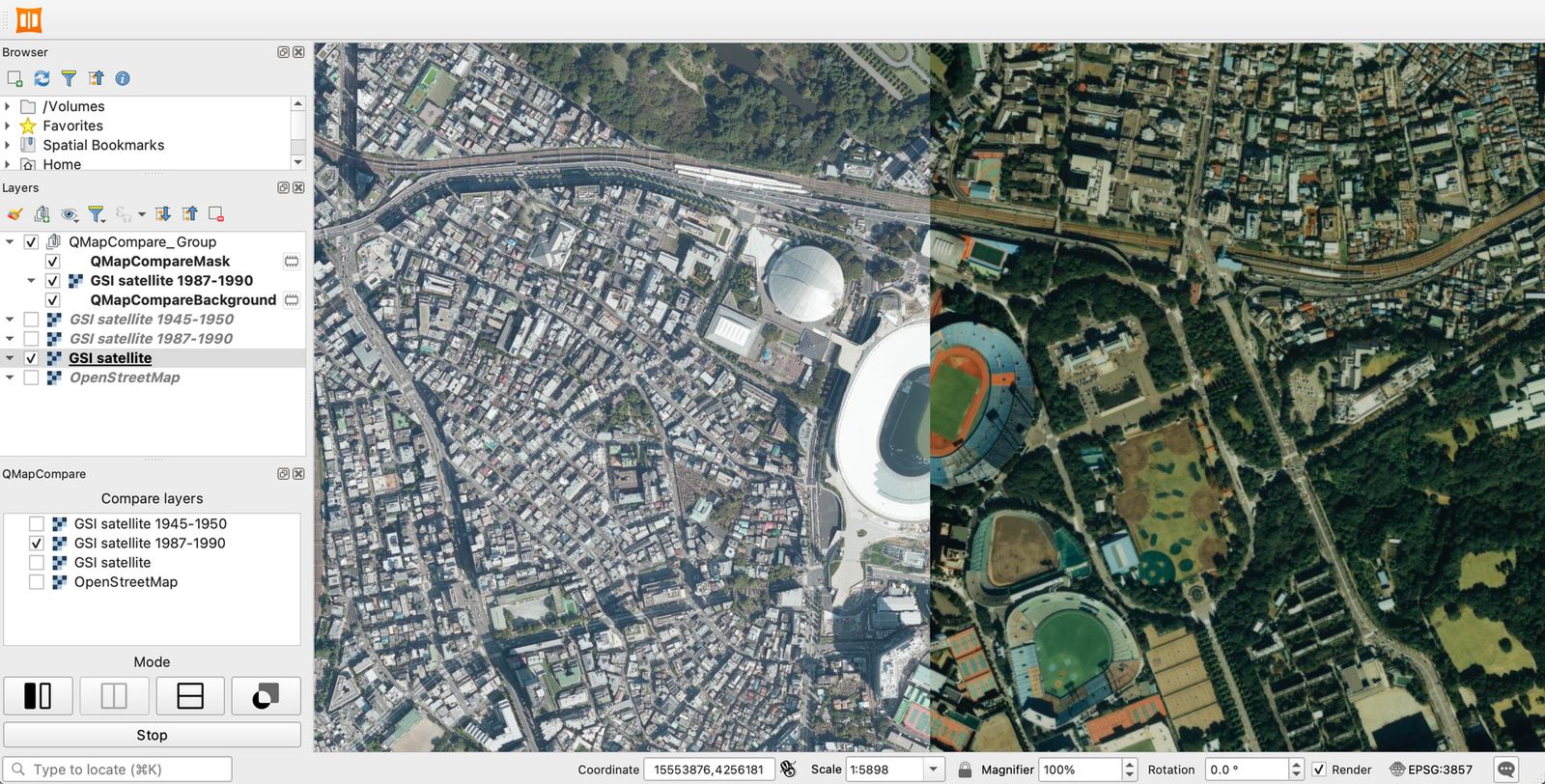 Comparing aerial photos from 1987 to 1990 (created by processing GSI Tiles)