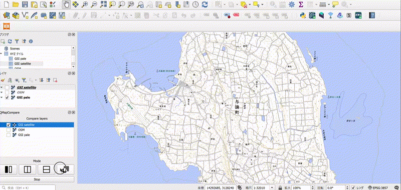 Comparing GSI Maps and their satellite imagery in lens mode (created by processing GSI Tiles)
