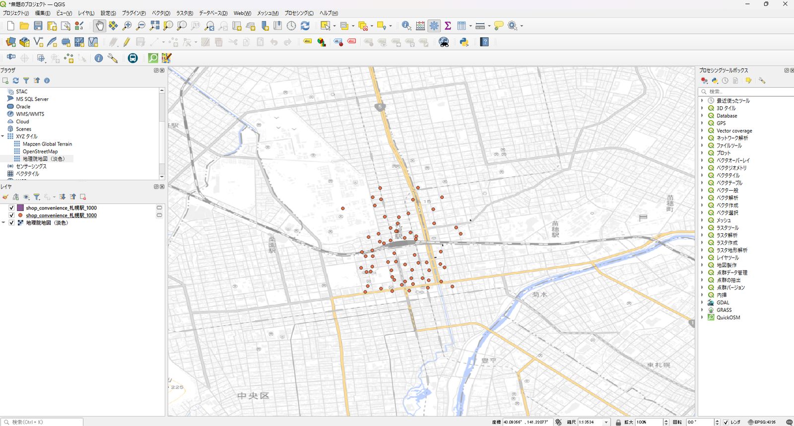 Distribution of convenience stores within 1,000 m of Sapporo Station (background: GSI Tiles by the Geospatial Information Authority of Japan; convenience store point data: ©OpenStreetMap contributors)