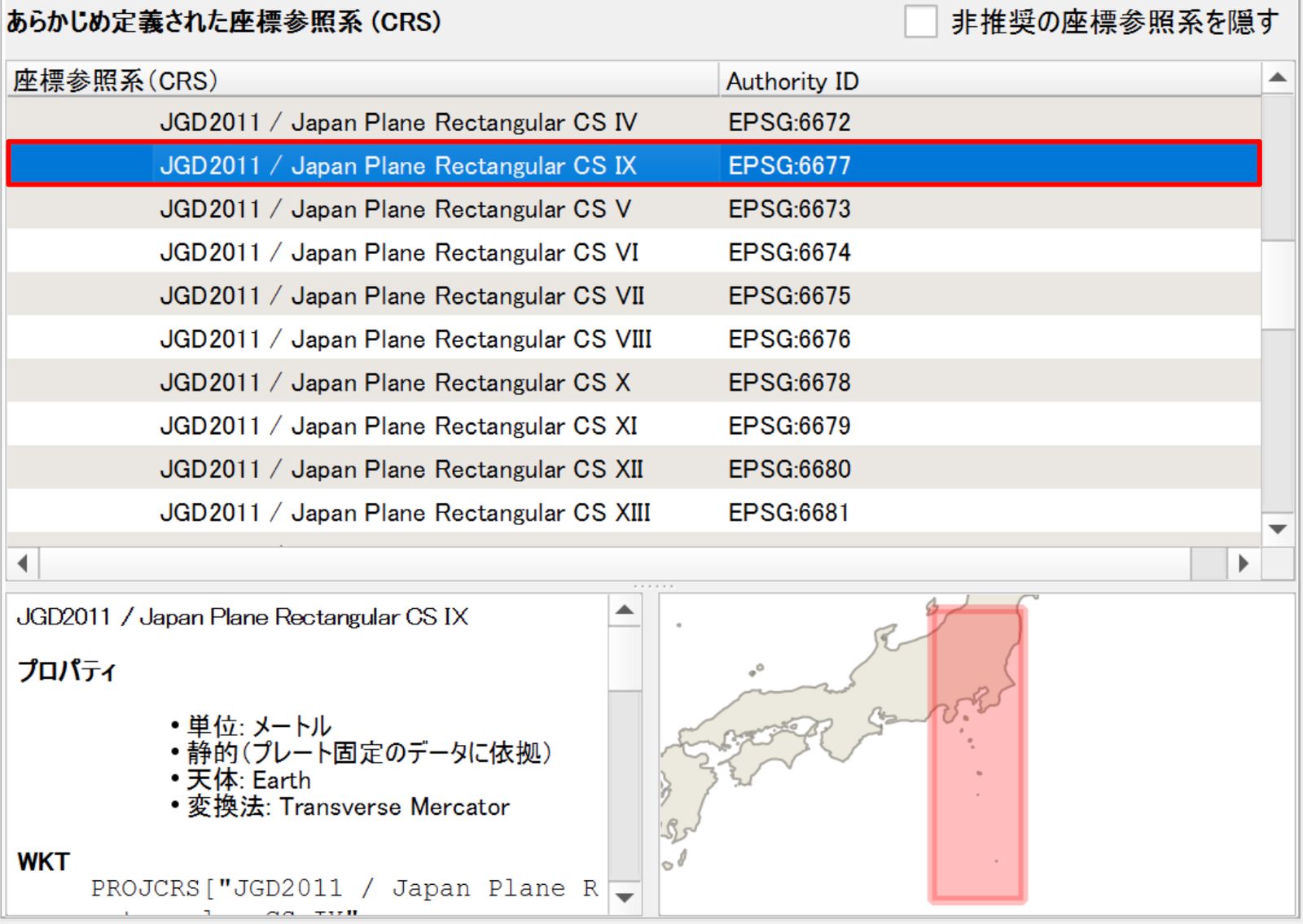 Look for “Japan Plane Rectangular” and select the CRS you want
