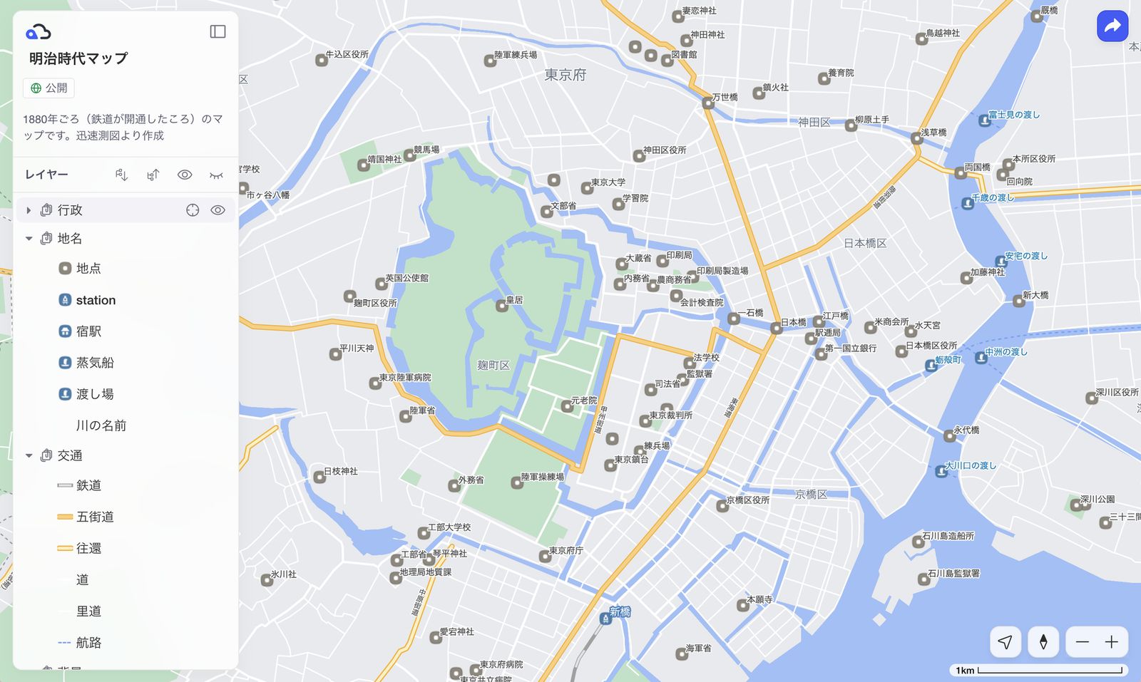 An example of a map made with the Kumoy icon feature (source: Meiji Era Map)