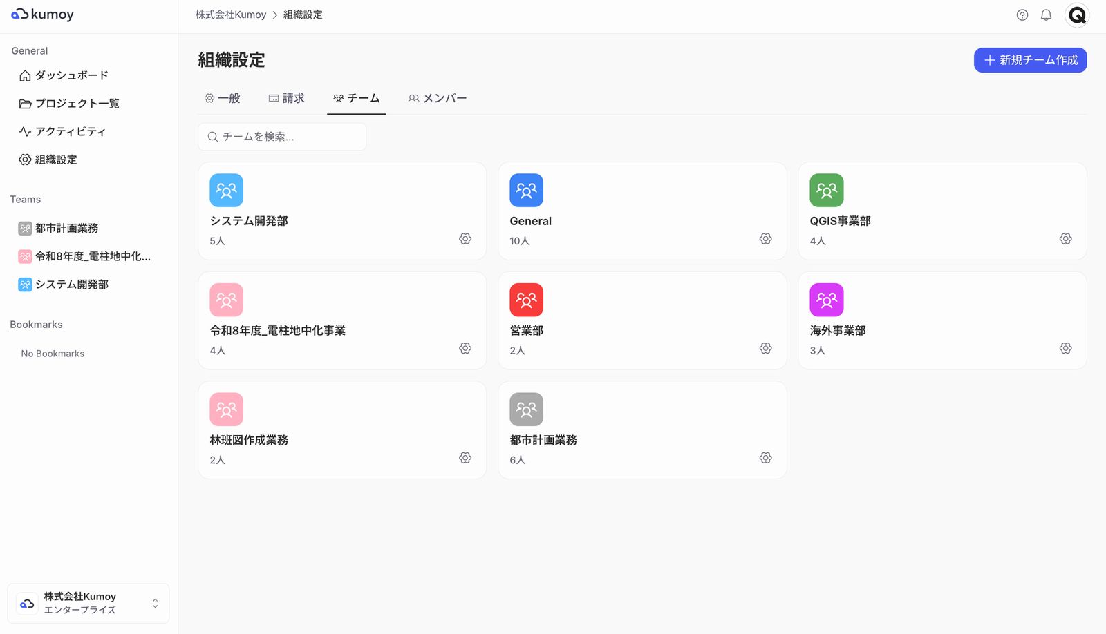The screen for creating and managing teams for each project or department
