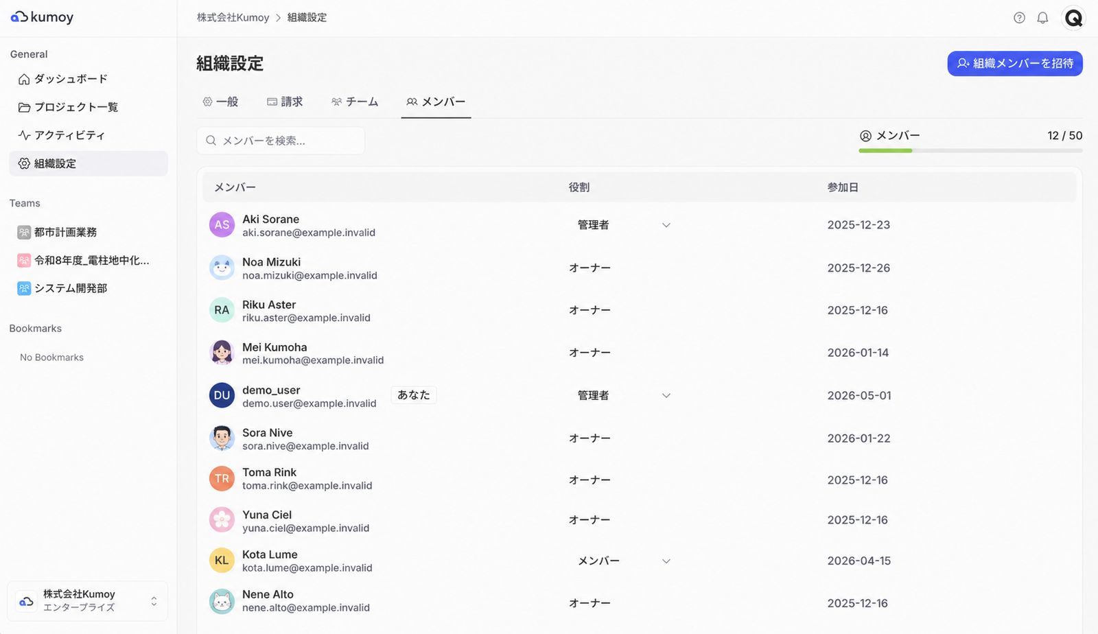 The screen for inviting and managing members in an organization