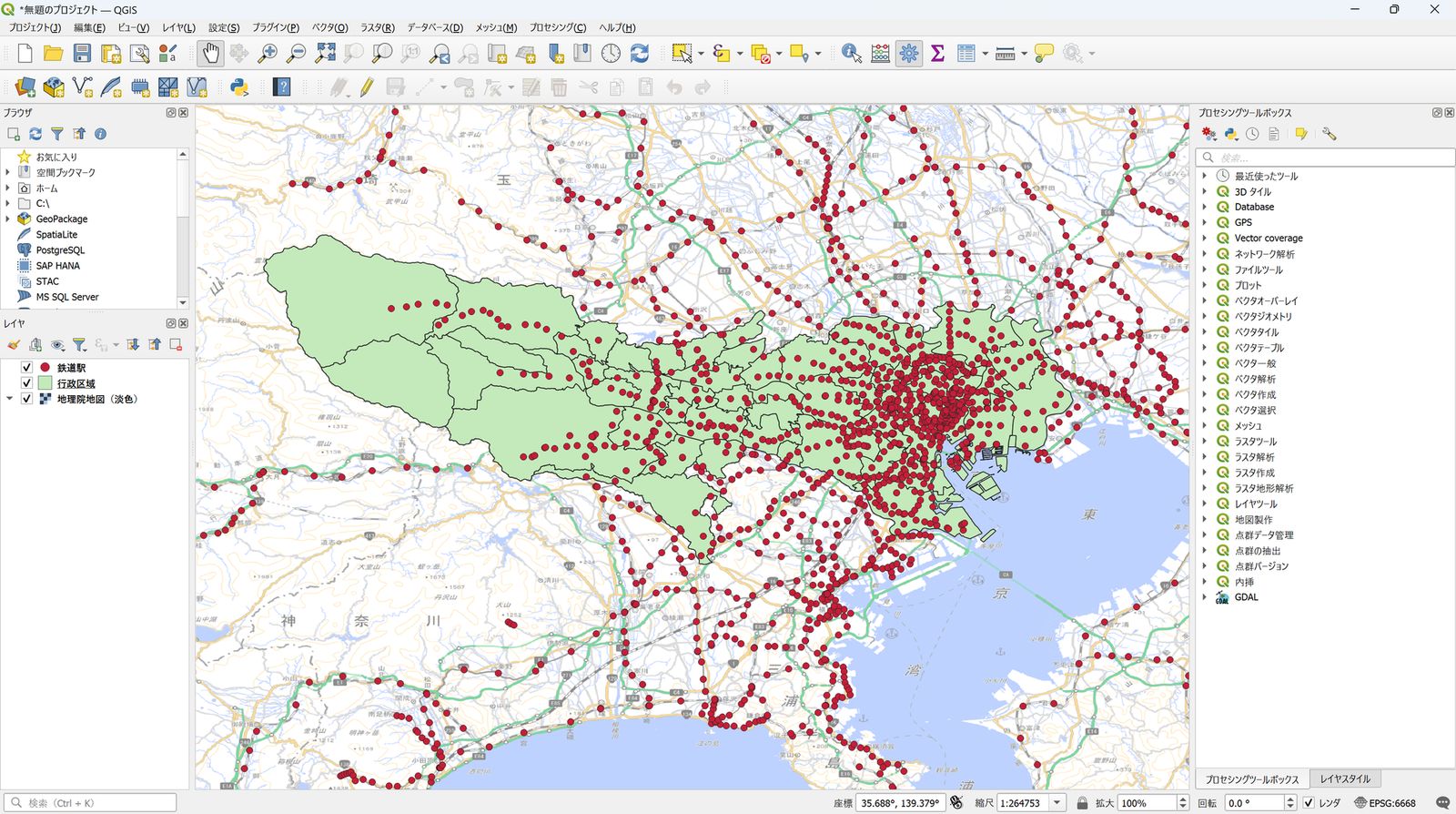 The administrative area layer added to QGIS, with centroids created for the railway station layer (GSI Tiles from the Geospatial Information Authority of Japan (GSI) in the background; created by processing “National Land Numerical Information (Railway Data)” and “National Land Numerical Information (Administrative Area Data)” from the Ministry of Land, Infrastructure, Transport and Tourism (MLIT))