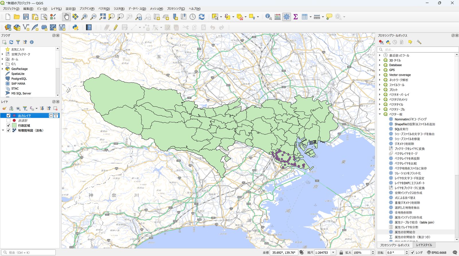 Only the railway stations in Ota ward are displayed using the filter (GSI Tiles in the background; created by processing “National Land Numerical Information (Railway Data)” and “National Land Numerical Information (Administrative Area Data)” from MLIT)