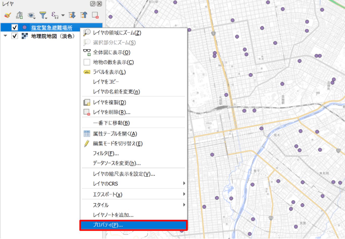 Designated emergency evacuation sites in central Sapporo (with Geospatial Information Authority of Japan (GSI) Tiles in the background, created by processing Designated Emergency Evacuation Site Data (GSI))