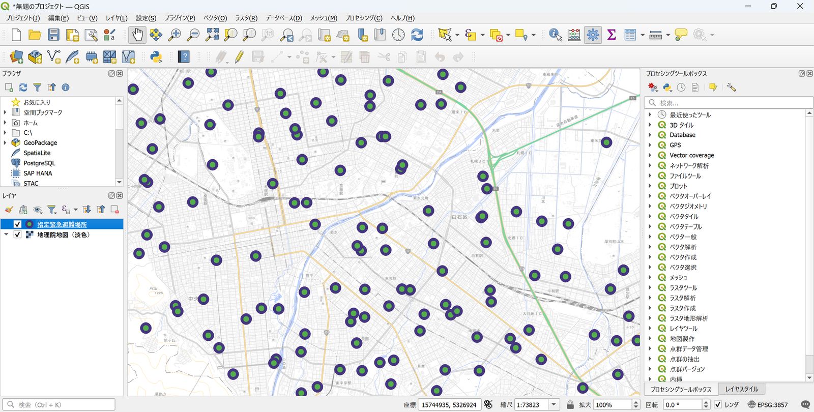 The Simple Marker style changed (with GSI Tiles in the background, created by processing Designated Emergency Evacuation Site Data (GSI))