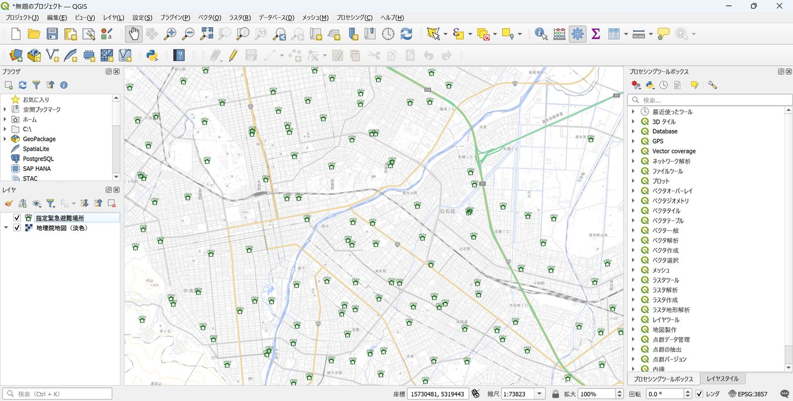 The SVG image you just selected is displayed (with GSI Tiles in the background, created by processing Designated Emergency Evacuation Site Data (GSI))