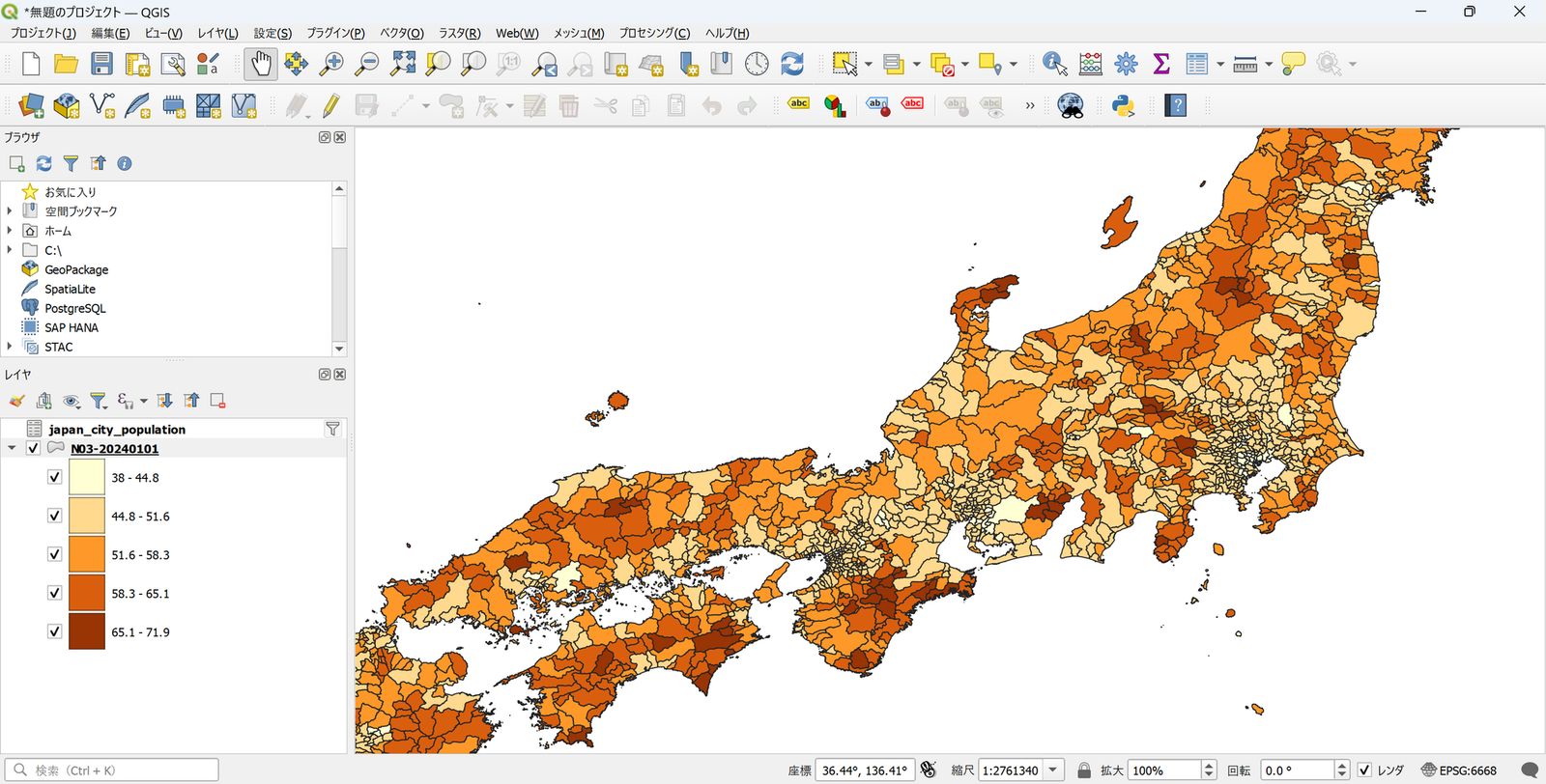 Visualization of median age (created by processing “National Land Numerical Information (Administrative Area Data)” (Ministry of Land, Infrastructure, Transport and Tourism) and the 2020 Population Census results (Ministry of Internal Affairs and Communications))