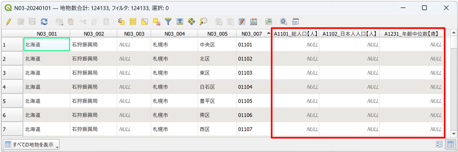 The population data join failed (created by processing “National Land Numerical Information (Administrative Area Data)” (Ministry of Land, Infrastructure, Transport and Tourism) and the 2020 Population Census results (Ministry of Internal Affairs and Communications))