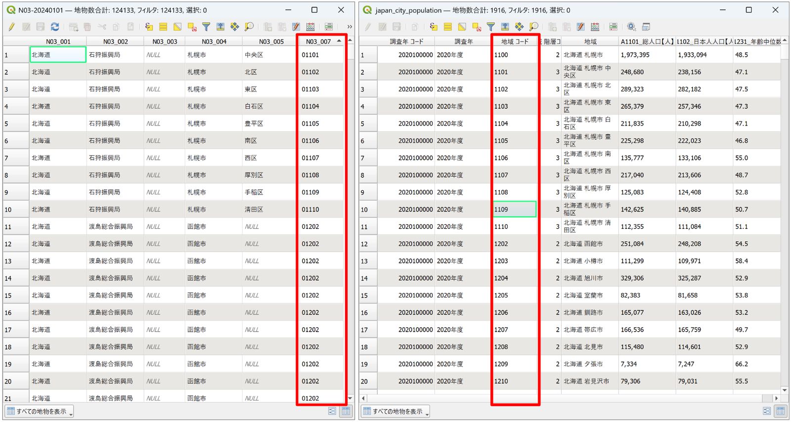 The common area code fields do not match (created by processing “National Land Numerical Information (Administrative Area Data)” (Ministry of Land, Infrastructure, Transport and Tourism) and the 2020 Population Census results (Ministry of Internal Affairs and Communications))