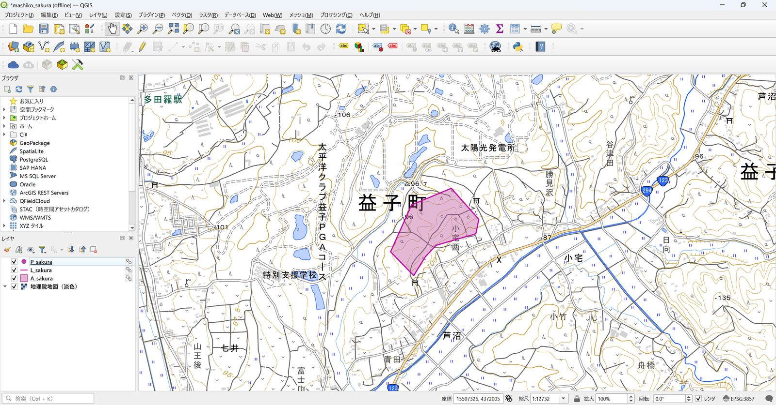The features added in QField appear in the QGIS project (created by processing GSI Tiles)