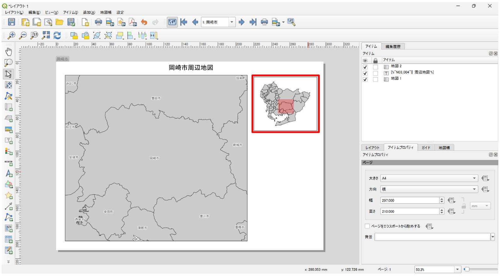 The area displayed in the main map is marked with a red frame on the overview map. Adapted from “National Land Numerical Information (Administrative Area Data)” (Ministry of Land, Infrastructure, Transport and Tourism)