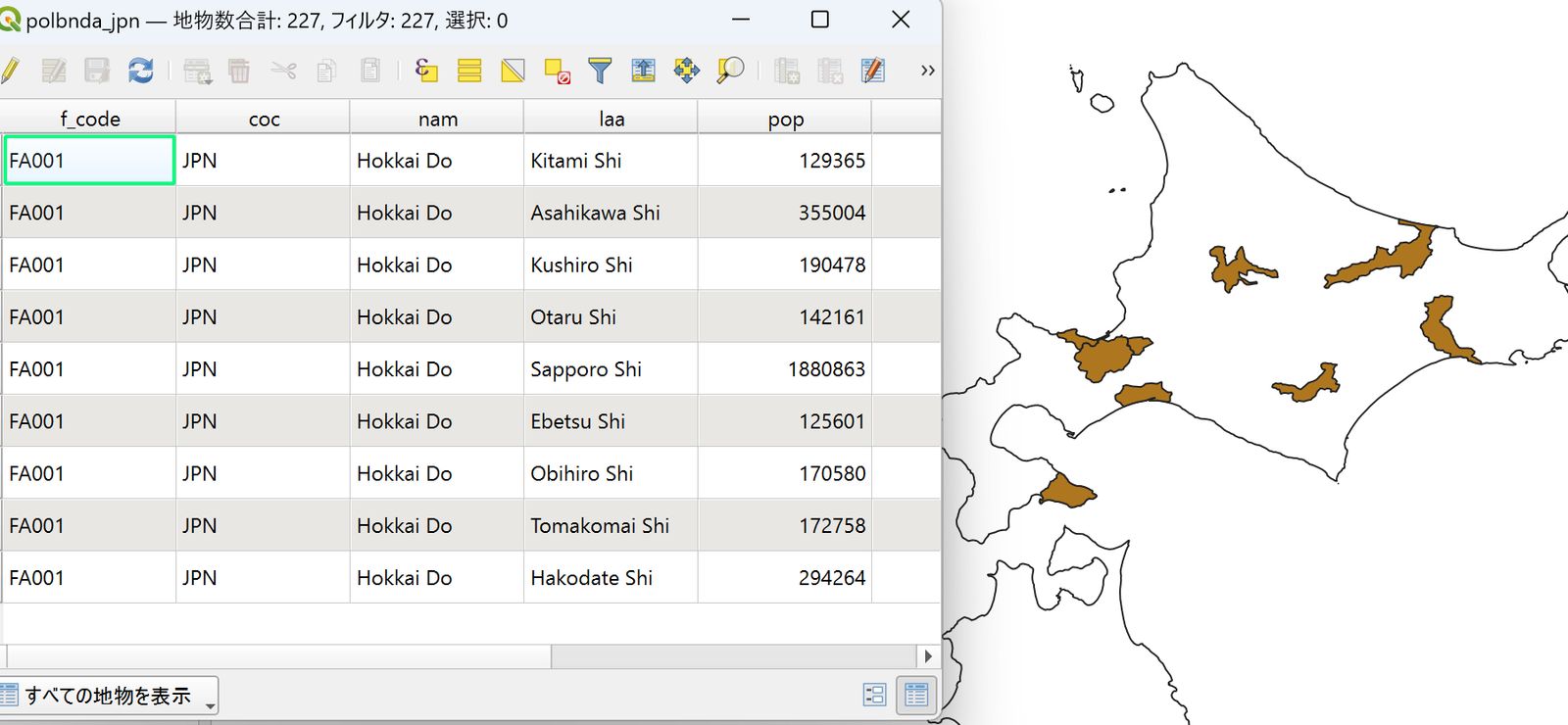 Features where nam is Hokkai Do and pop is 100000 or more are displayed. (Adapted from Global Map Japan, GSI)