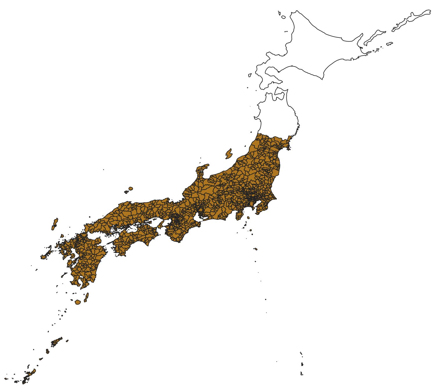 Everything except Hokkai Do, Aomori Ken, Akita Ken, and Iwate Ken is displayed. (Adapted from Global Map Japan, GSI)