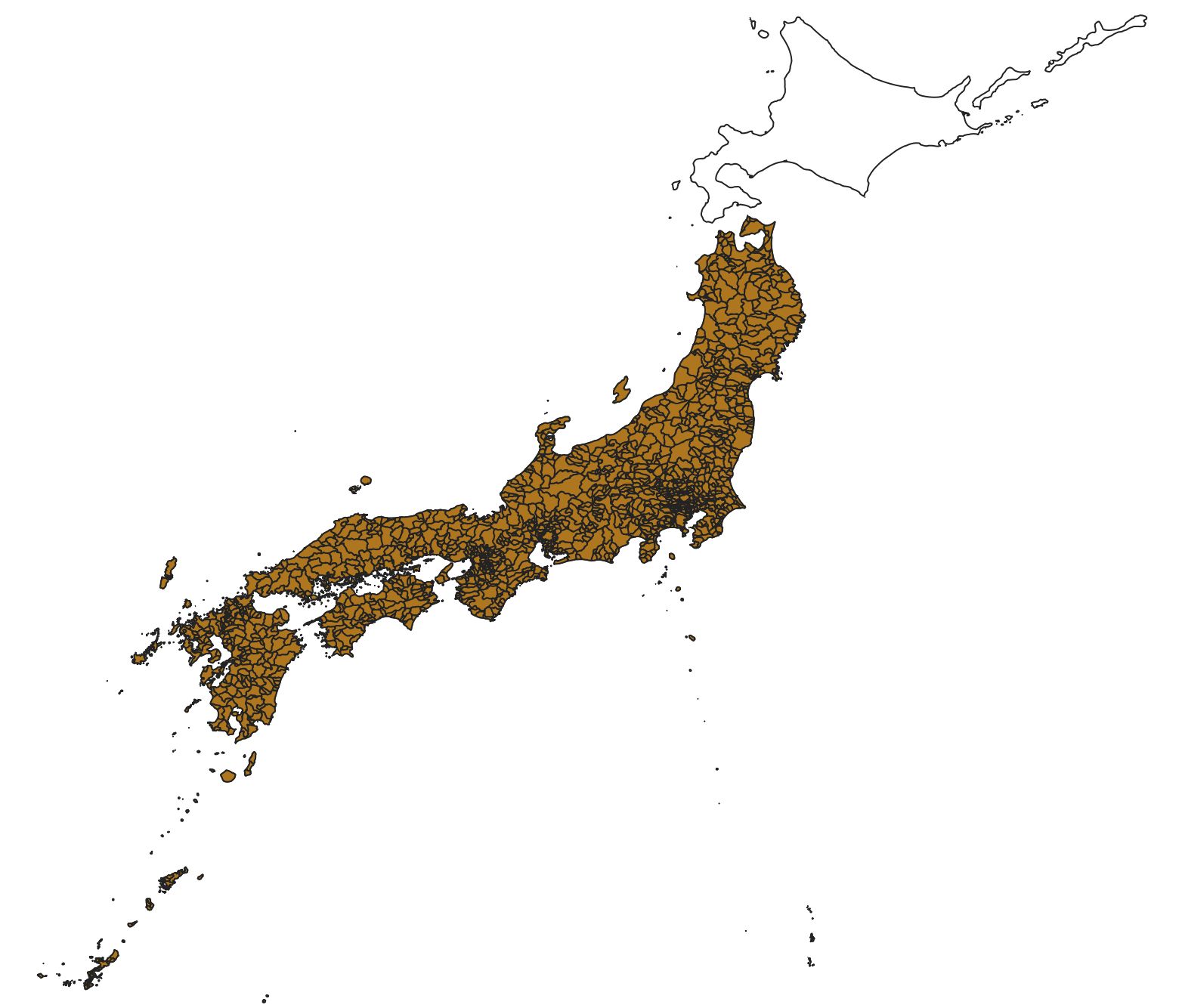 Everything except Hokkai Do is displayed. (Adapted from Global Map Japan, GSI)