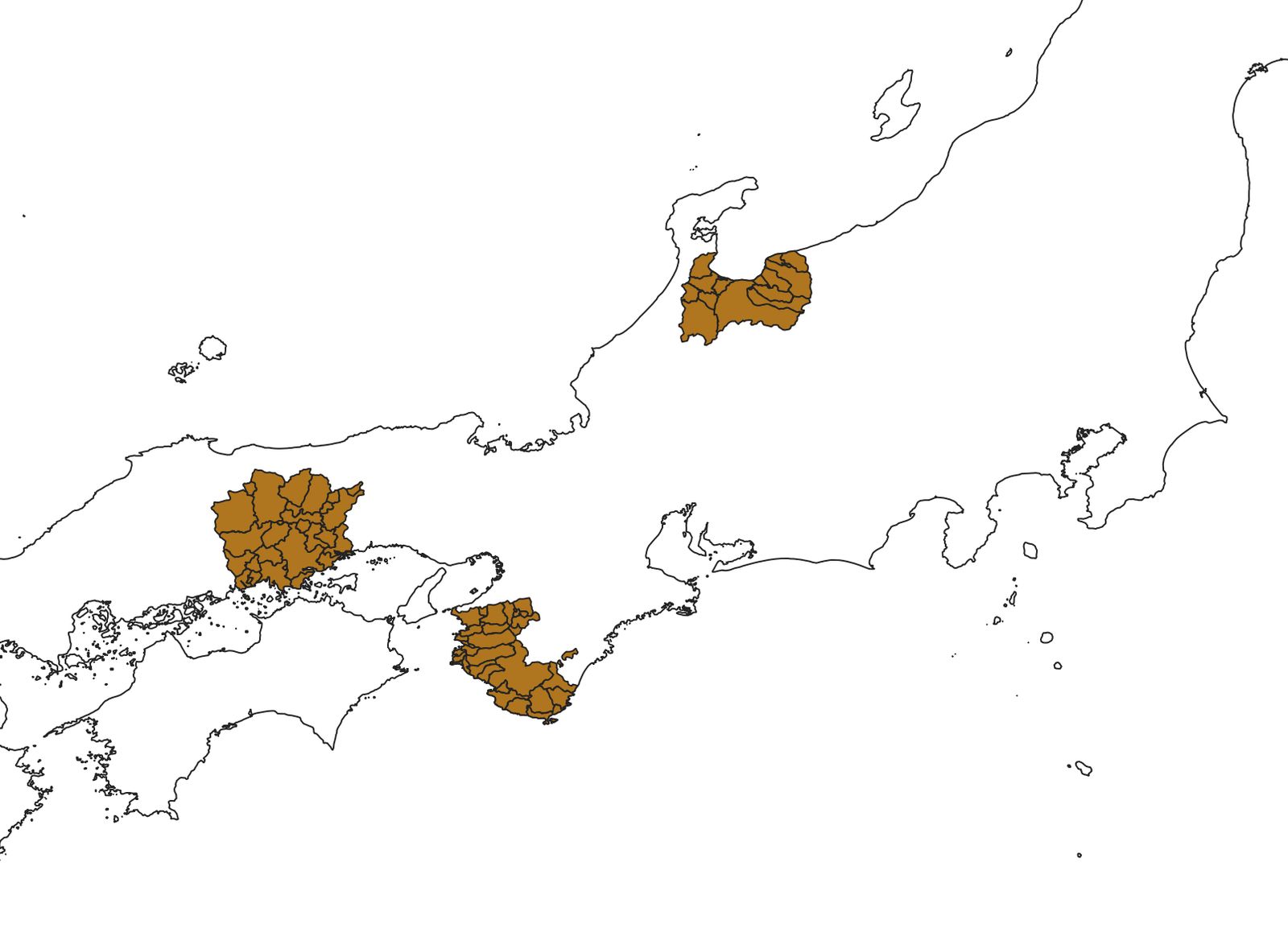 Okayama Ken and Wakayama Ken are displayed in addition to Toyama Ken. (Adapted from Global Map Japan, GSI)