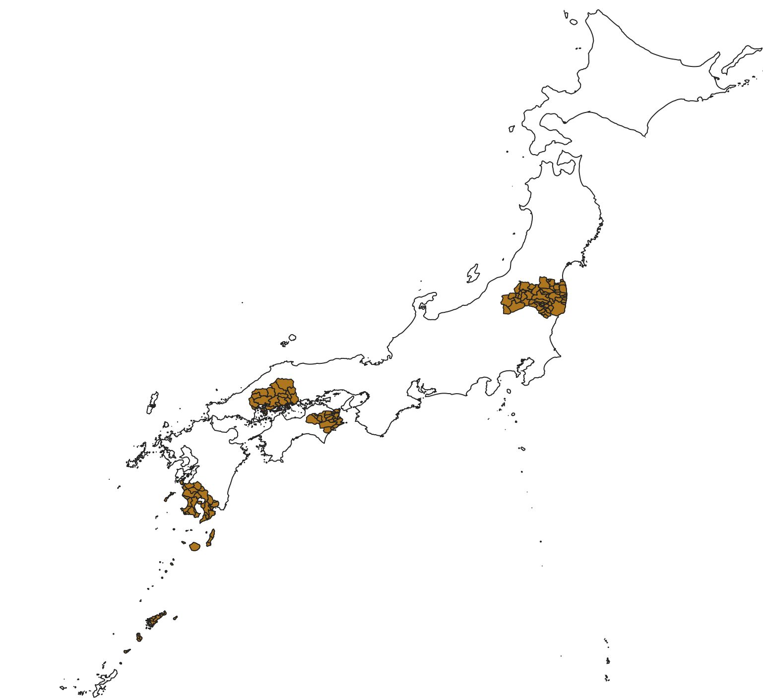 Fukushima Ken, Hiroshima Ken, Tokushima Ken, and Kagoshima Ken are displayed. (Adapted from Global Map Japan, GSI)