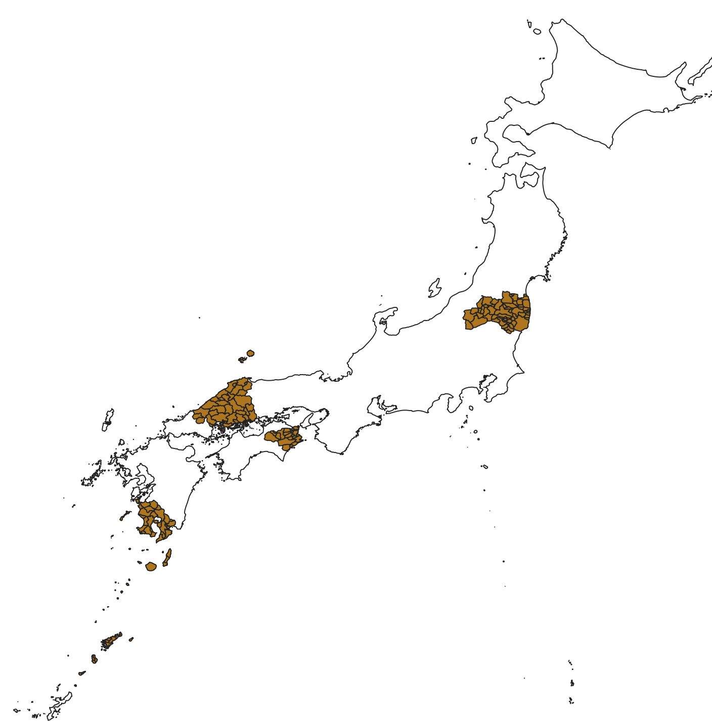 Fukushima Ken, Shimane Ken, Hiroshima Ken, Tokushima Ken, and Kagoshima Ken are displayed. (Adapted from Global Map Japan, GSI)