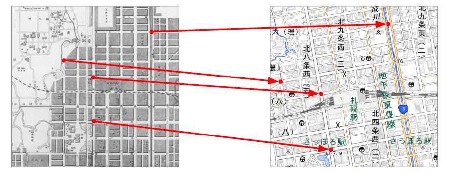 Illustration of ground control points (GCPs) (Source: “Sapporo Shigai no Zu,” Hokkaido Government Office, June 1911, National Diet Library Digital Collections, accessed April 10, 2025; created by processing GSI Tiles from the Geospatial Information Authority of Japan (GSI))