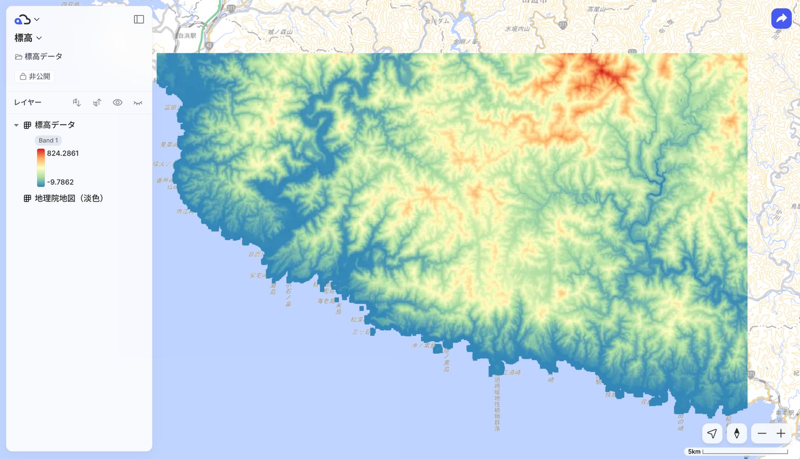 Elevation data displayed in a Kumoy map