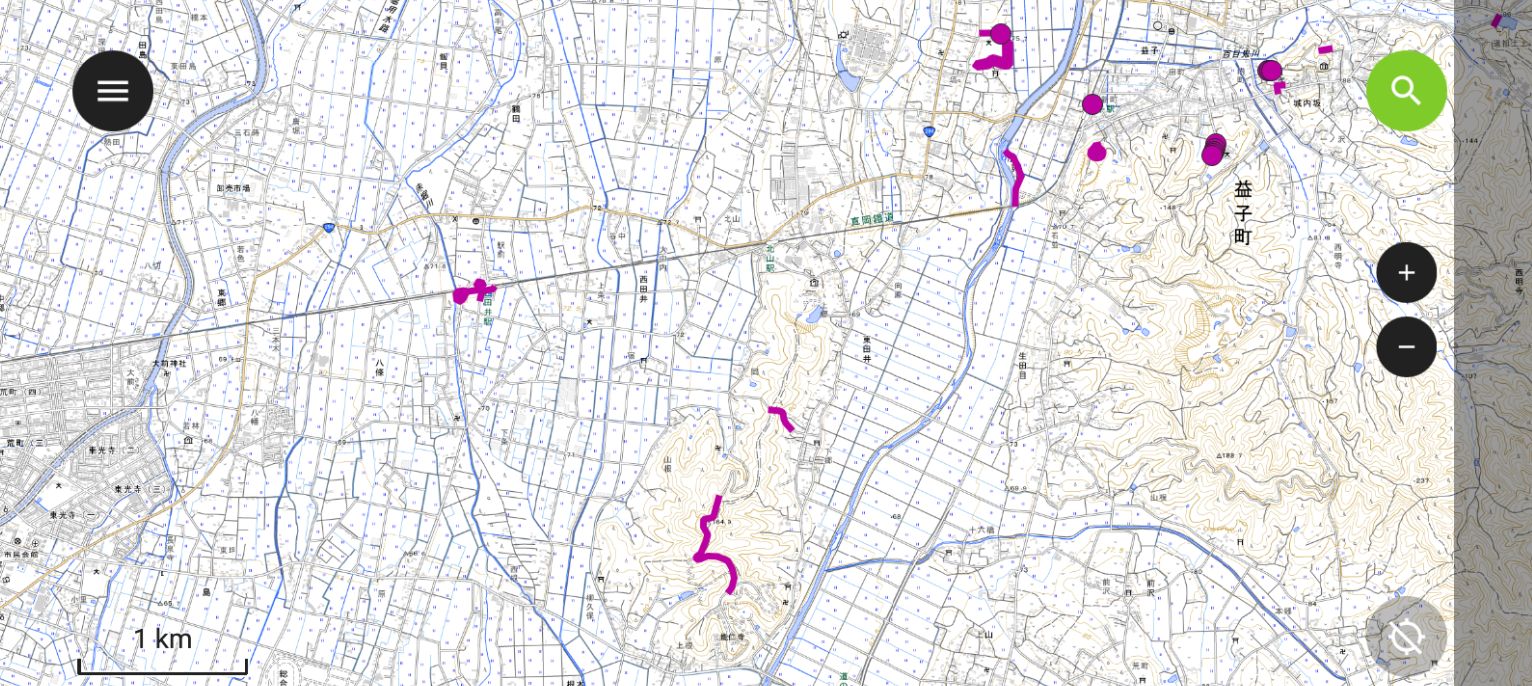 The QFieldCloud project opened in QField (created by processing GSI Tiles)