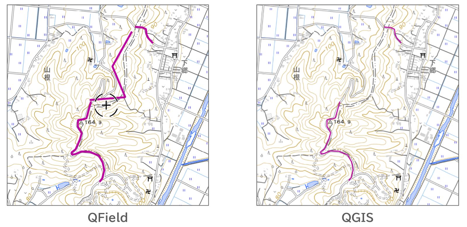 The features added to the line layer in QField (left) do not appear in QGIS (right) (created by processing GSI Tiles)