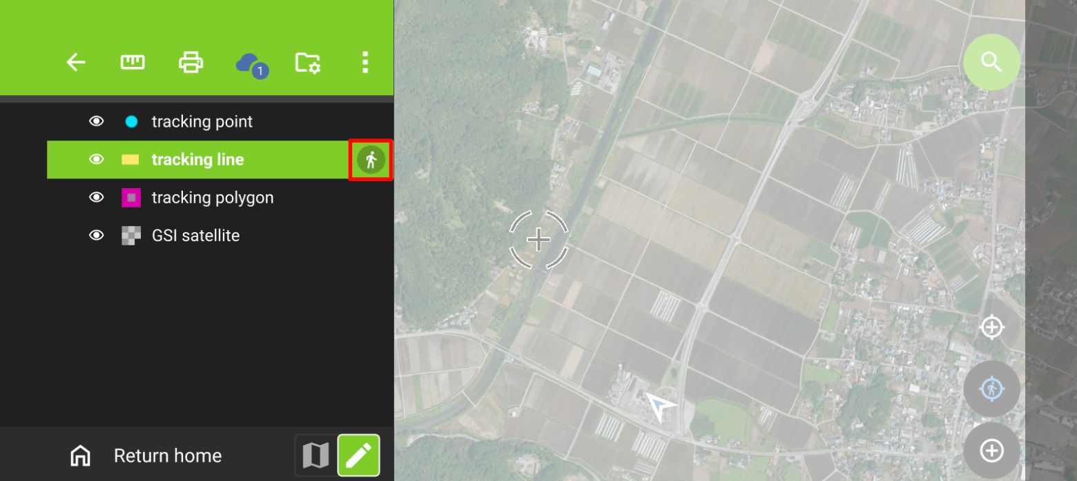 The pedestrian icon shows that tracking is running