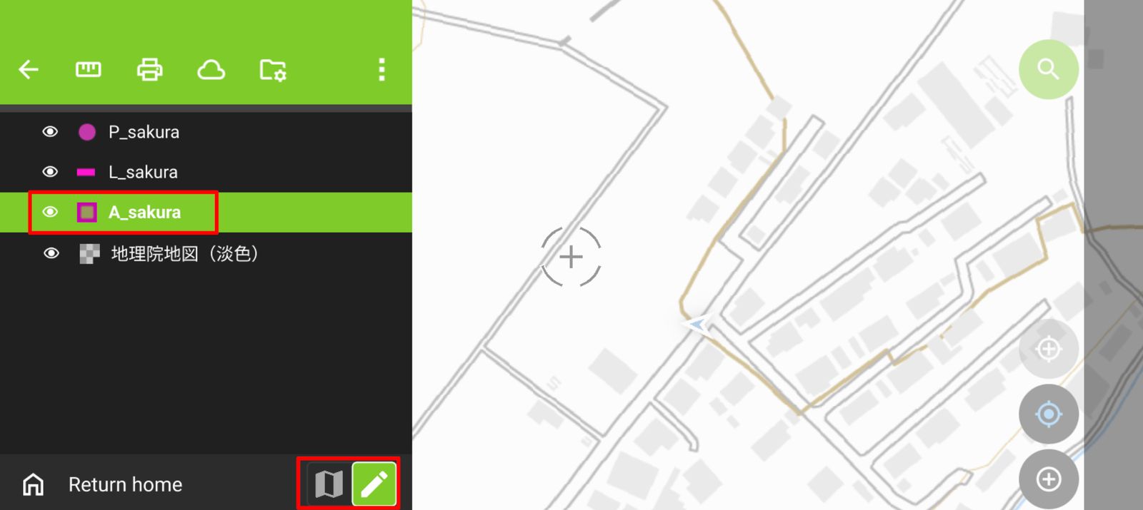 Select a layer and start digitize mode (created by processing GSI Tiles)